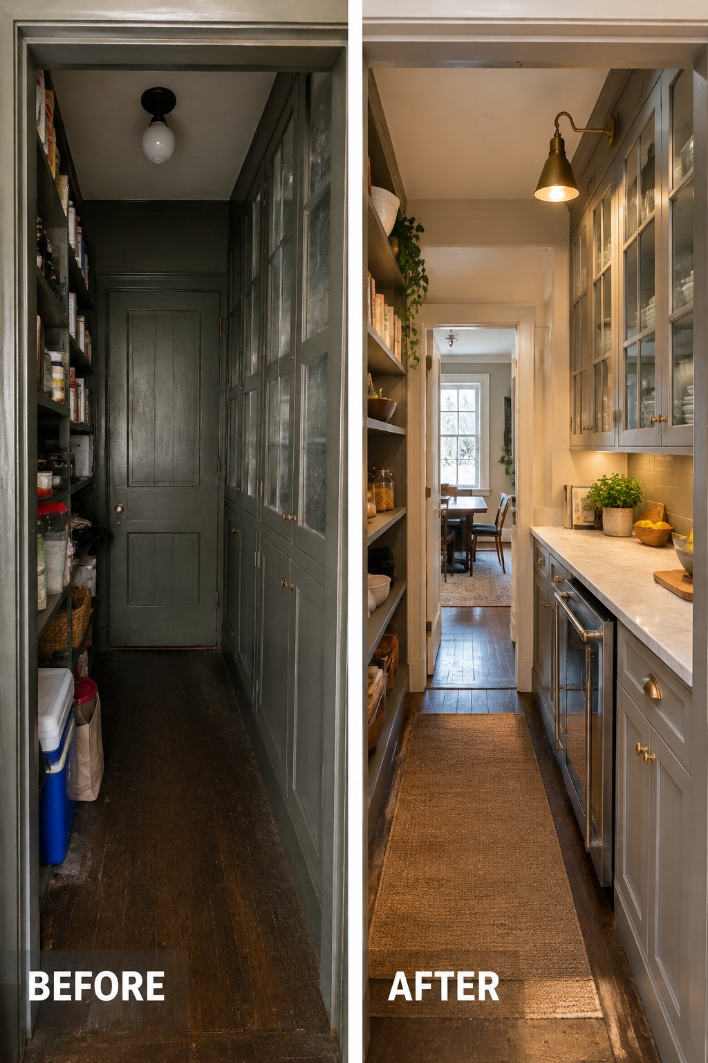 Before-and-after makeover image of a dark, cluttered pantry changed into a bright, narrow kitchen with counters, cabinets, and open shelving.