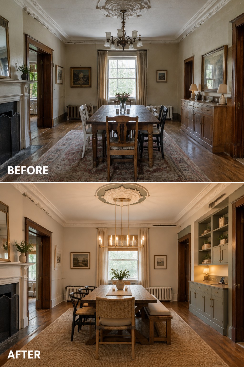 Before-and-after makeover image of a traditional dining room changed from a crowded table with mismatched chairs to a simpler dining area with a bench and built-in cabinetry.