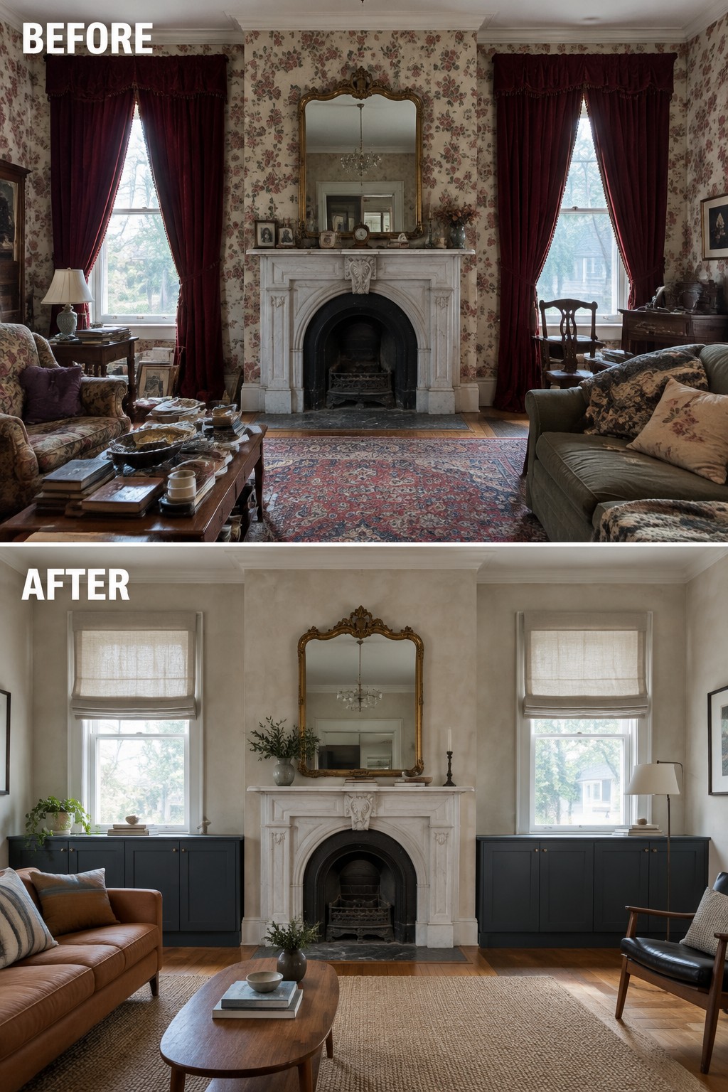 Before-and-after makeover image of a living room with floral wallpaper and heavy curtains updated with neutral walls, window shades, dark built-in cabinets, and the original fireplace and mirror.