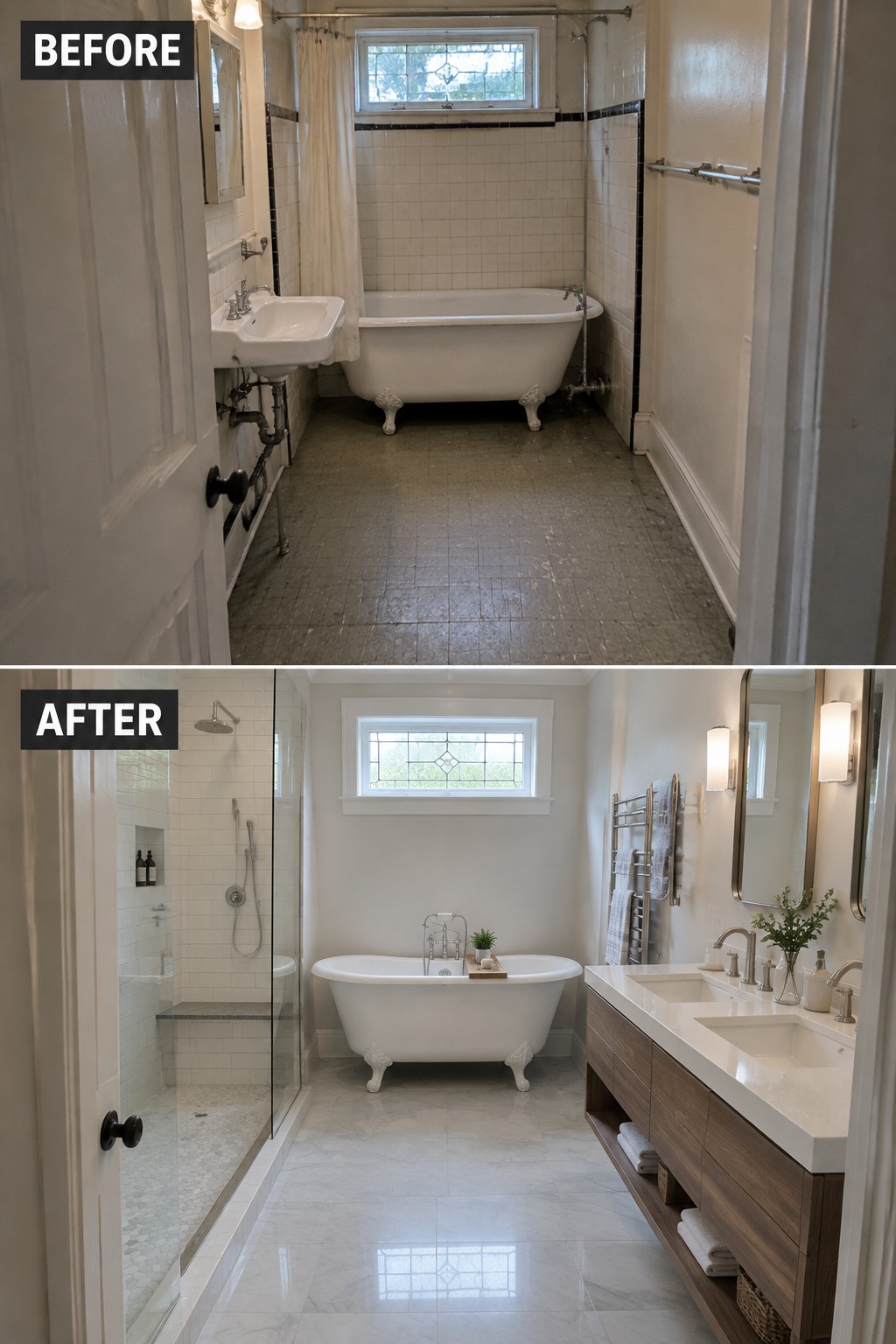 Before-and-after bathroom makeover image showing an outdated bathroom changed to include a glass walk-in shower, freestanding tub, and double vanity.