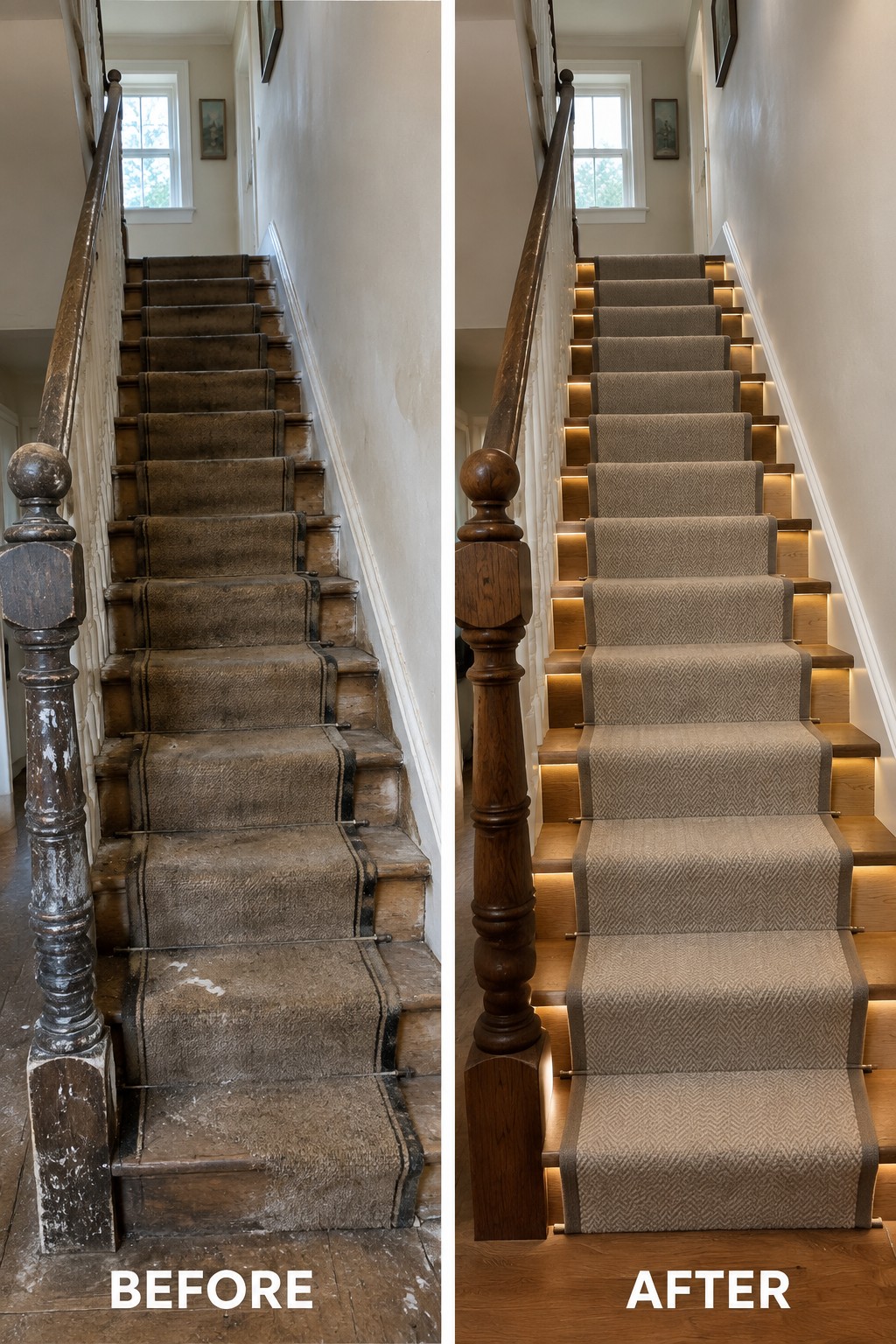 Before-and-after makeover image of a worn staircase updated with a patterned runner, restored wood steps, and step lighting.