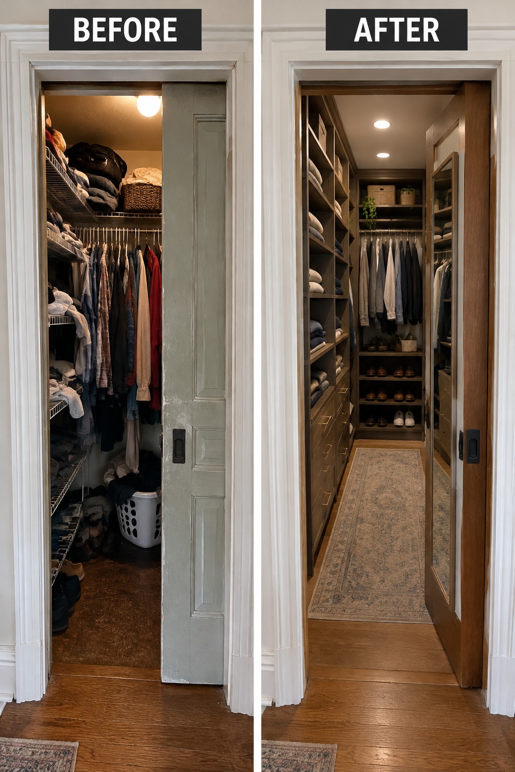 Before-and-after makeover image of a cluttered closet updated with built-in shelves, drawers, hanging space, and shoe storage.