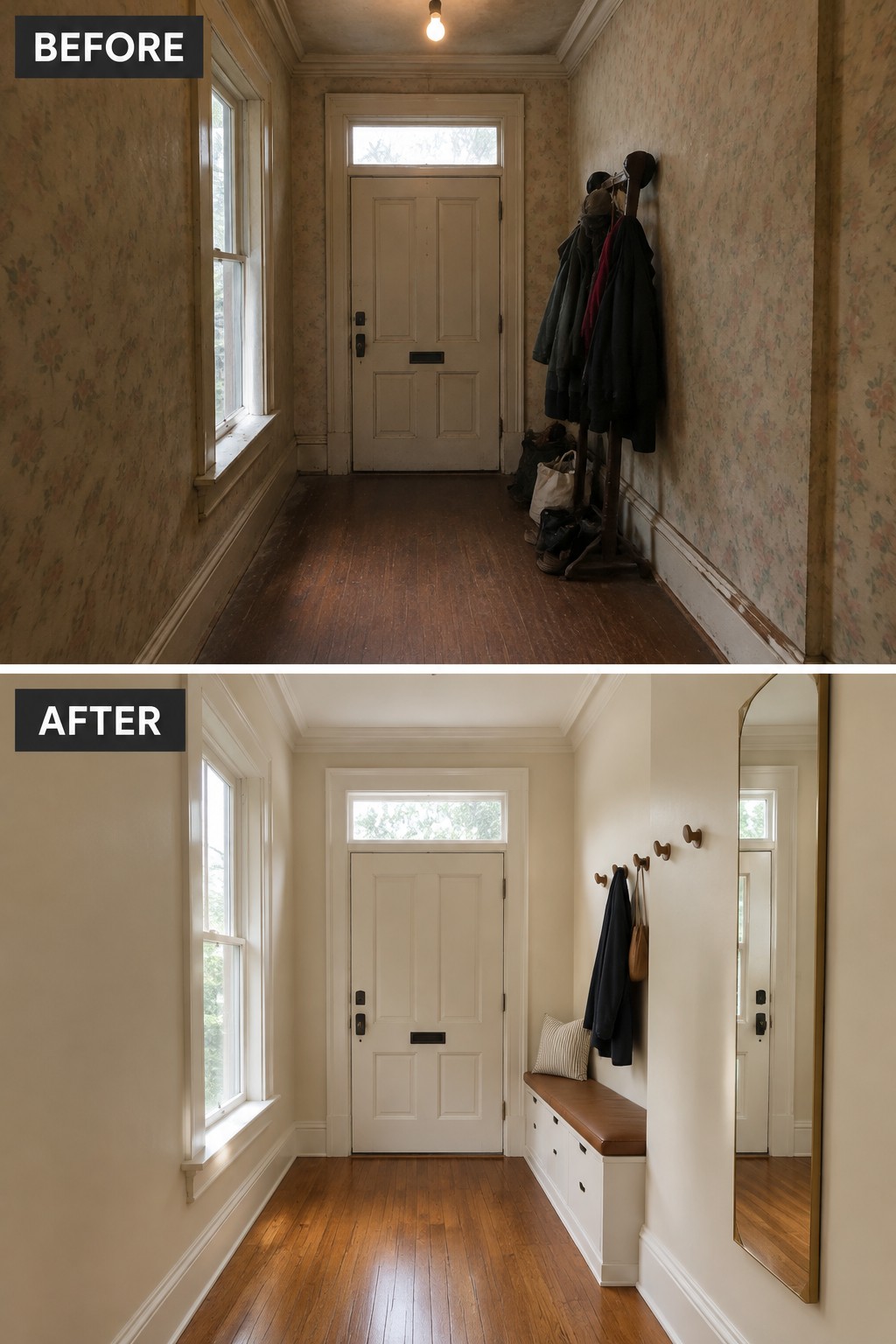 Before-and-after makeover image of a narrow entry hall changed from a cluttered coat and shoe area to a bright hall with a built-in bench, wall hooks, and a mirror.