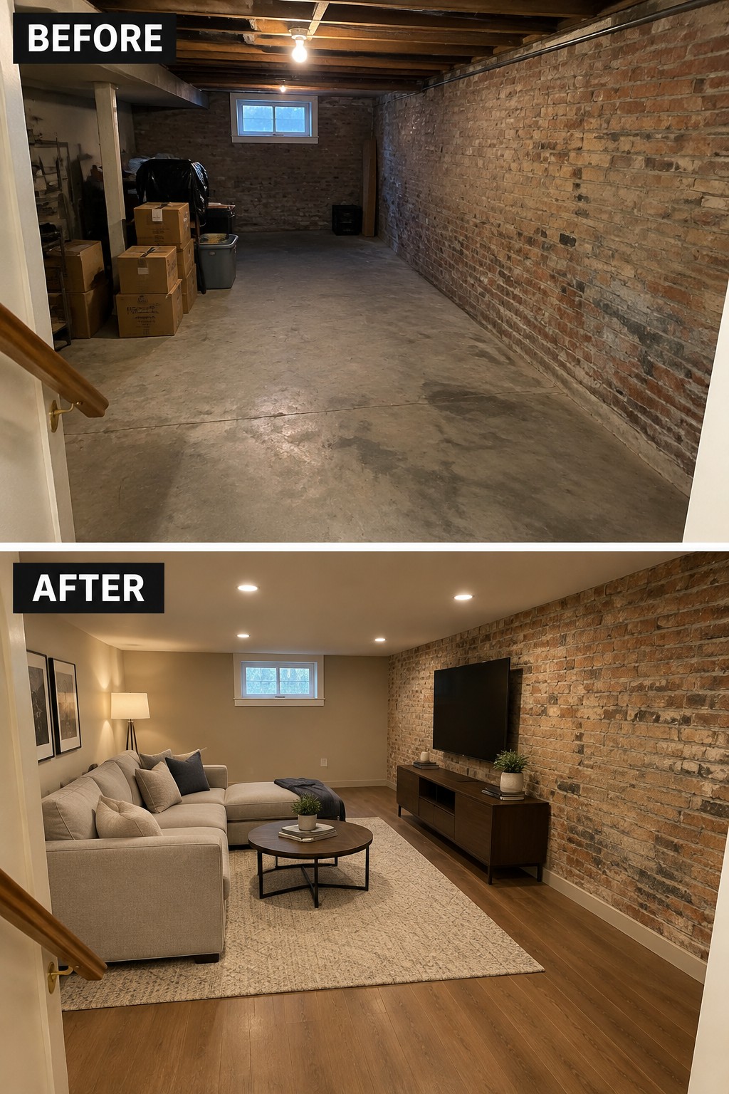 Before-and-after makeover image of an unfinished basement with exposed brick changed into a furnished living room with wood flooring and a finished ceiling.