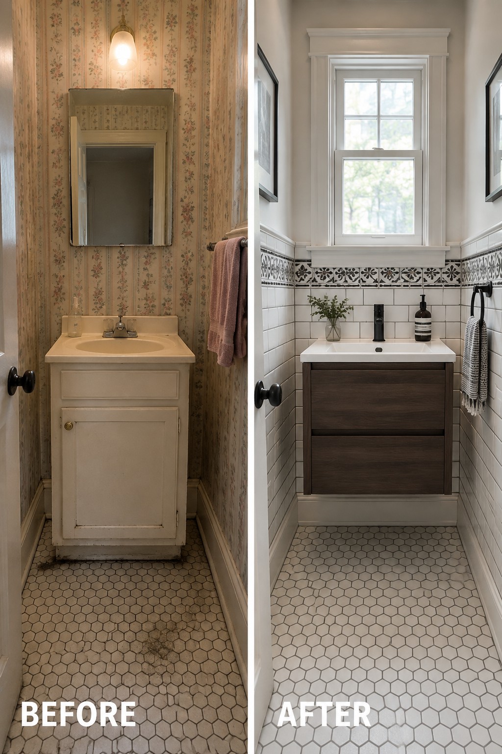 Before-and-after bathroom makeover image showing floral wallpaper and an old vanity replaced with white tiled walls and a dark wood vanity, while the hexagonal floor remains.