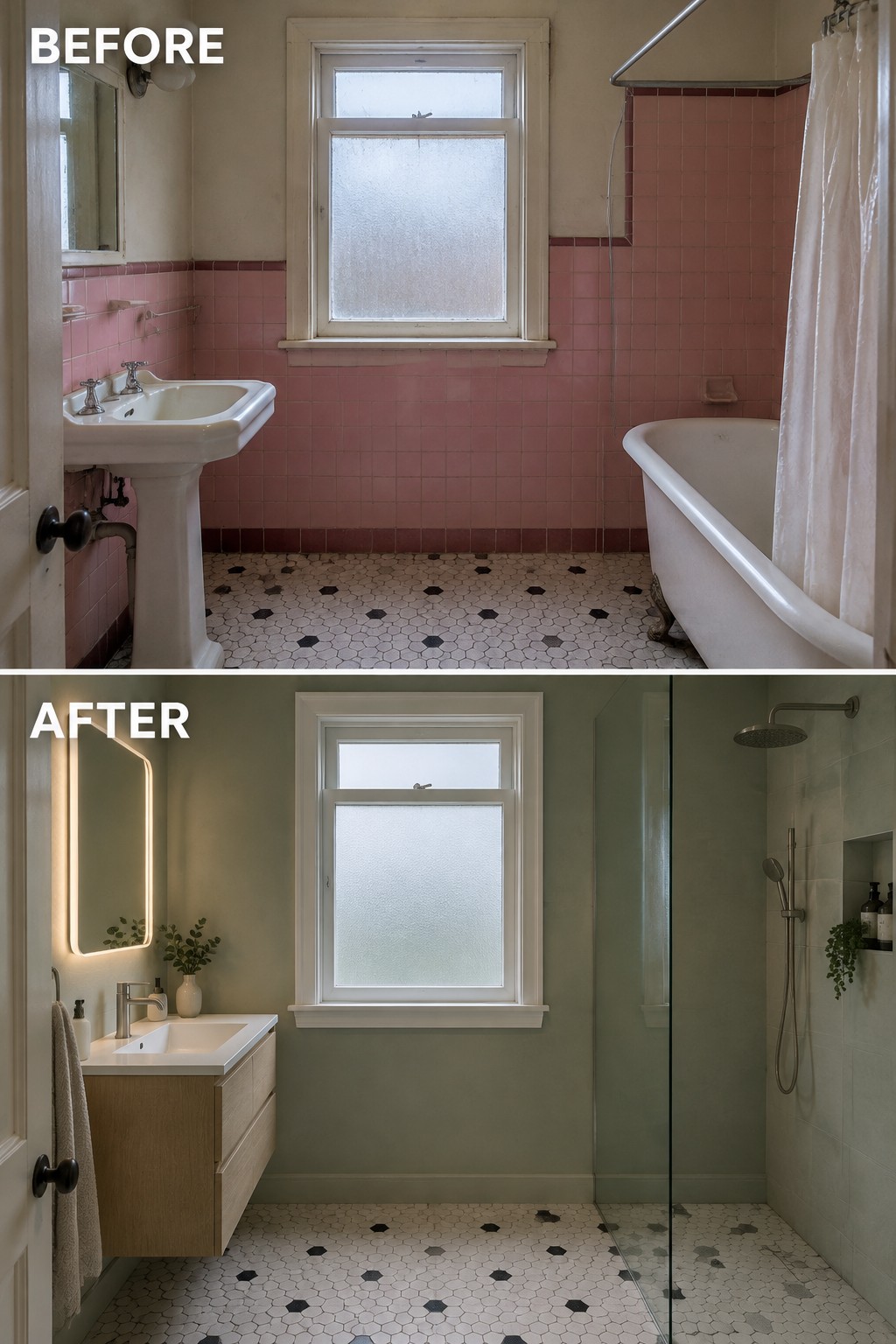 Before-and-after bathroom makeover image showing a dated bathroom with a tub and pink tile changed to a bathroom with a glass walk-in shower and wood vanity.