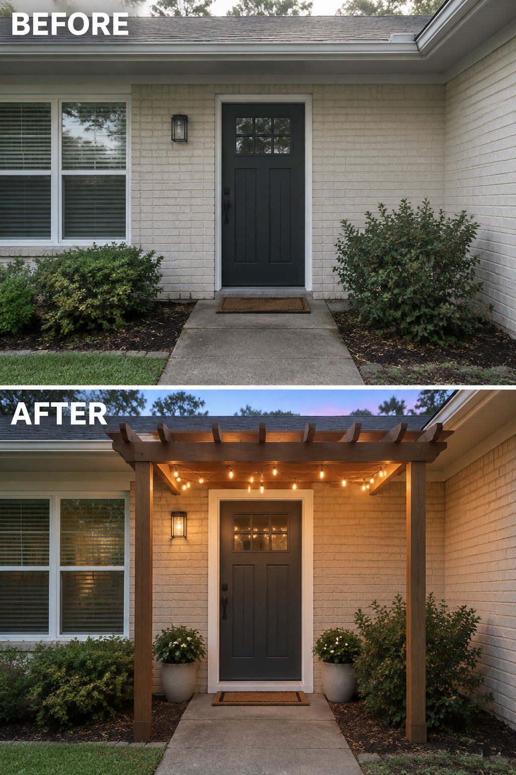 Before-and-after image of a plain ranch home entry updated with a wood pergola and string lights.