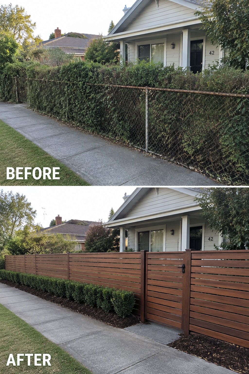 Before-and-after makeover image of a front yard with an overgrown chain-link fence replaced by a horizontal wood fence and low shrubs.