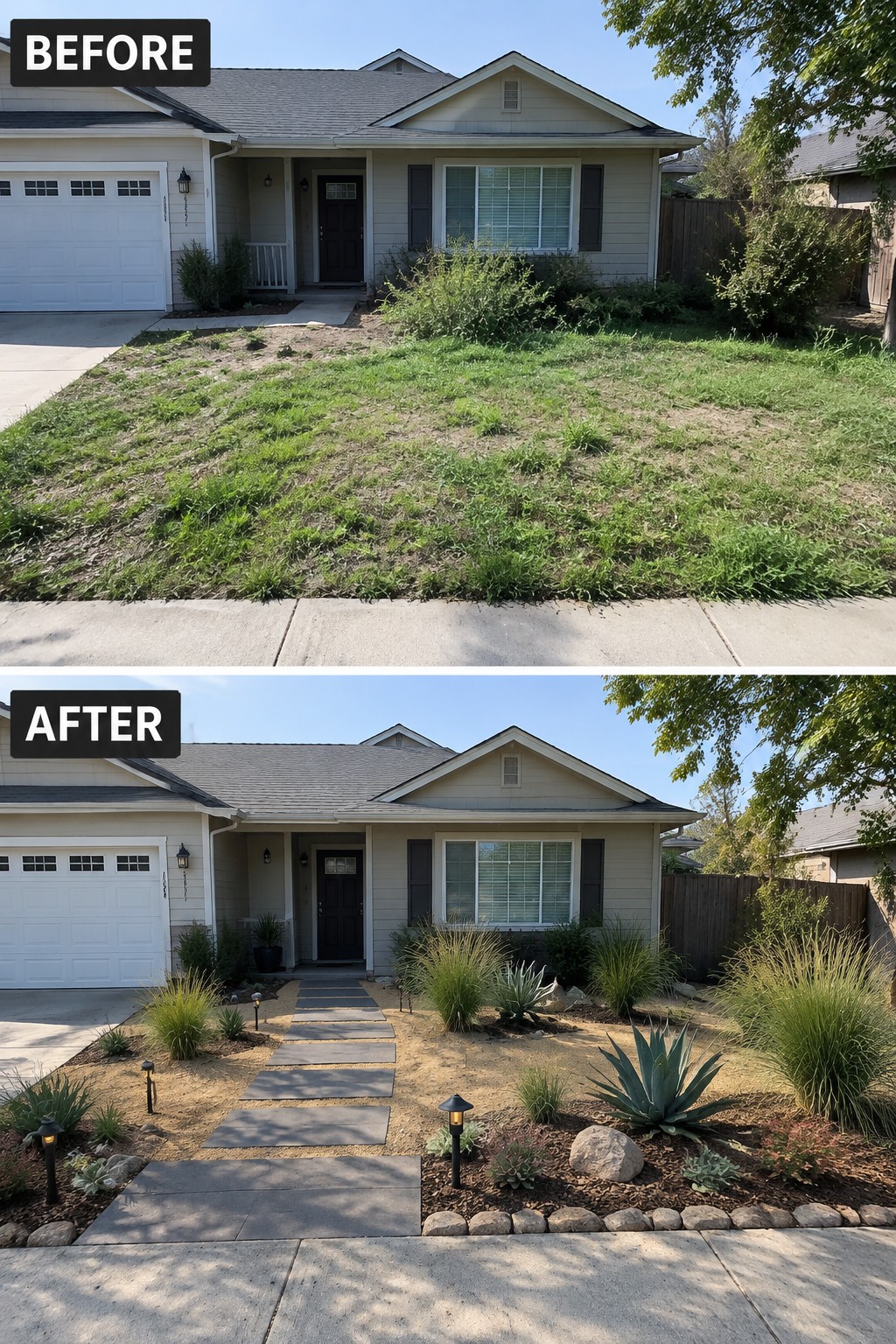 Before-and-after makeover image of a ranch home’s patchy front lawn changed to a gravel yard with a paver walkway and planted areas.