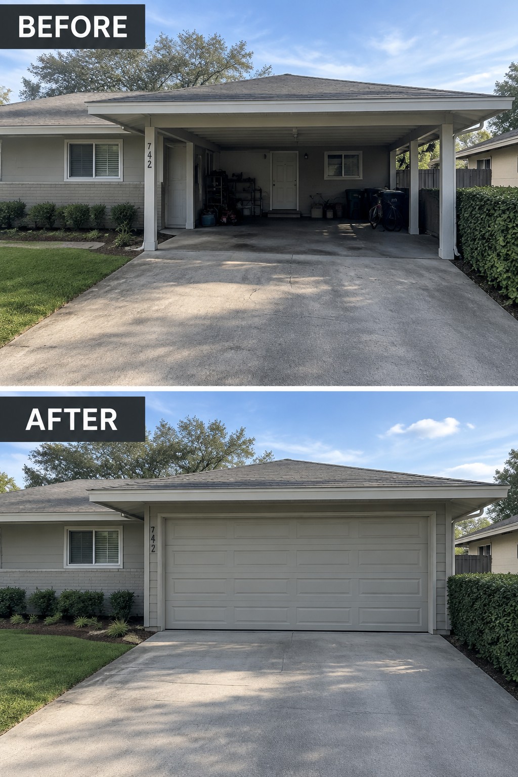 Before-and-after makeover image of an open carport changed to an enclosed garage with a wide paneled door.
