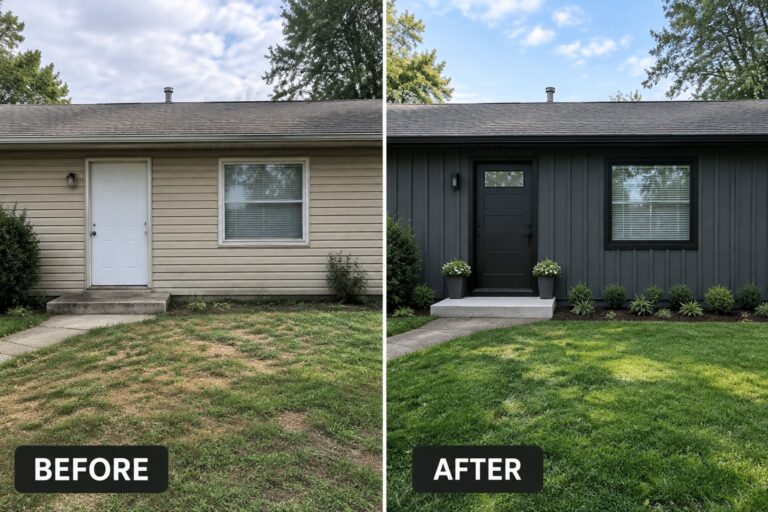 Before-and-after makeover image of a ranch house with beige horizontal siding changed to charcoal vertical siding and a dark front door.
