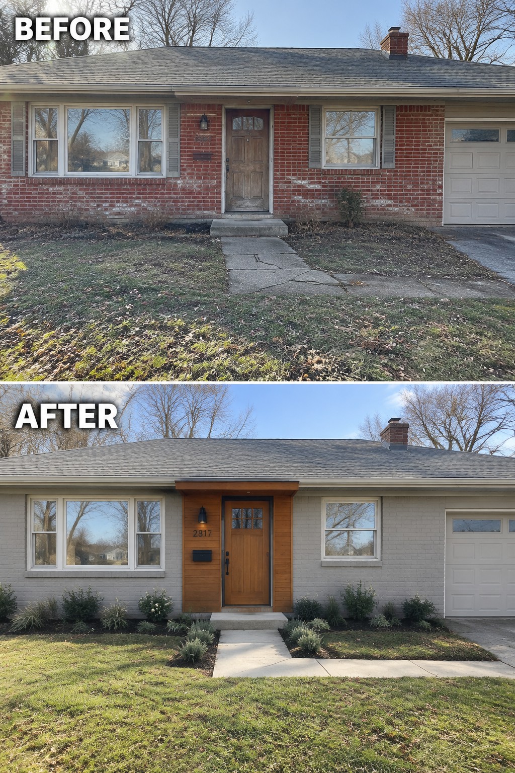 Before-and-after makeover image of a brick ranch house with a worn front entrance updated with light siding, a wood entry surround, and a new front door.