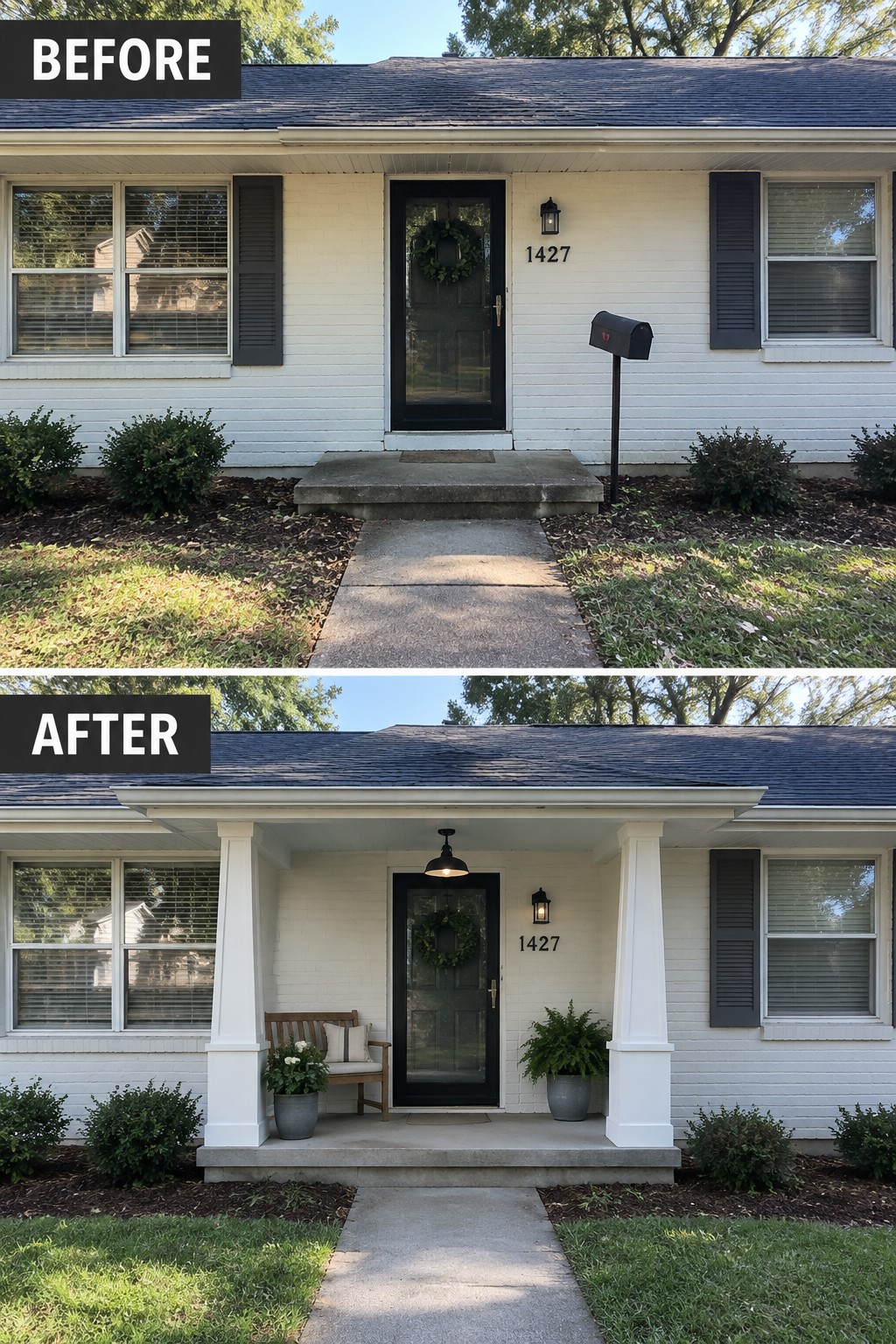 Before-and-after makeover image of a ranch house entry updated with a covered porch, white columns, a larger landing, and seating.
