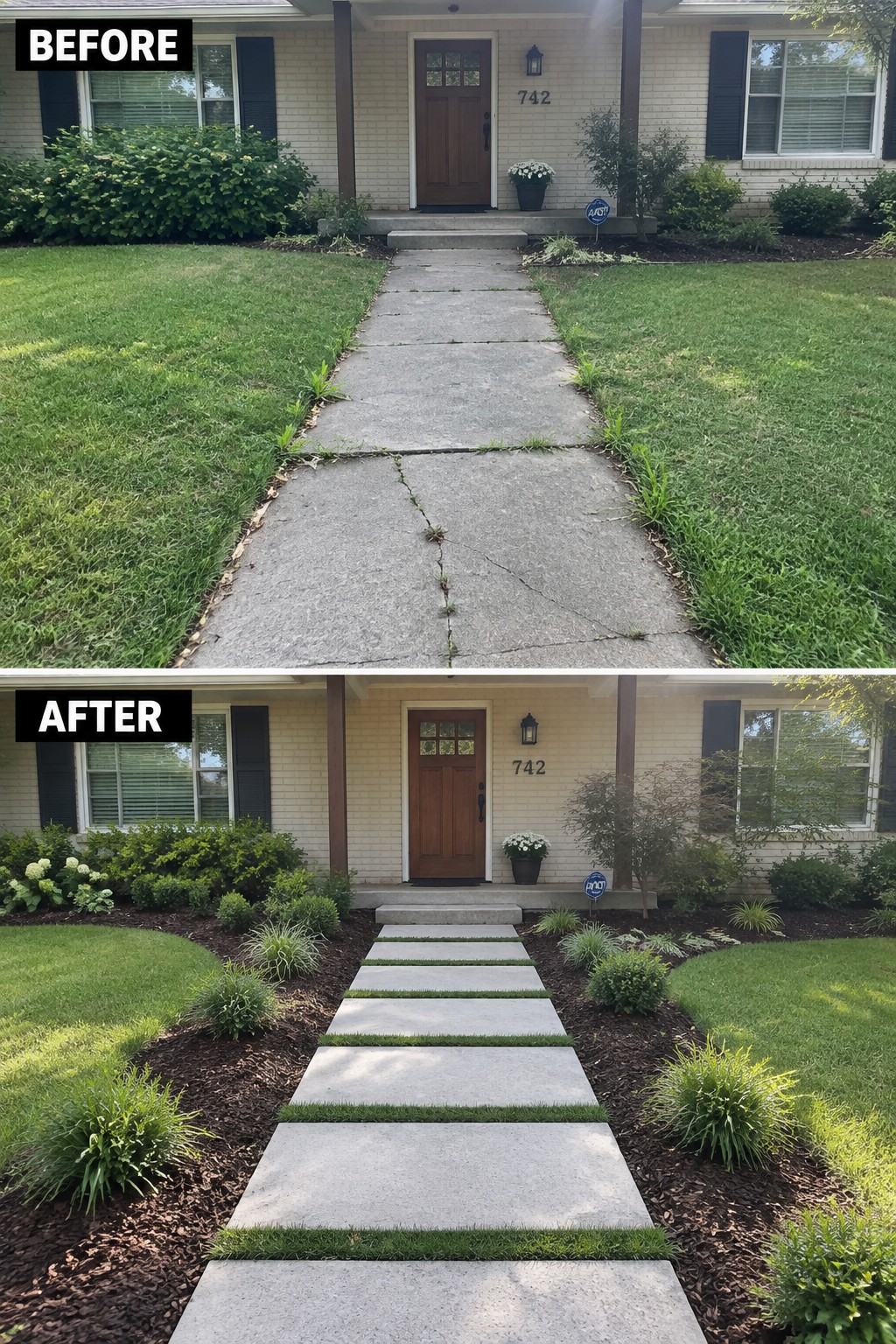 Before-and-after makeover image of a cracked, weed-filled front walkway replaced with spaced concrete stepping stones through mulched garden beds.
