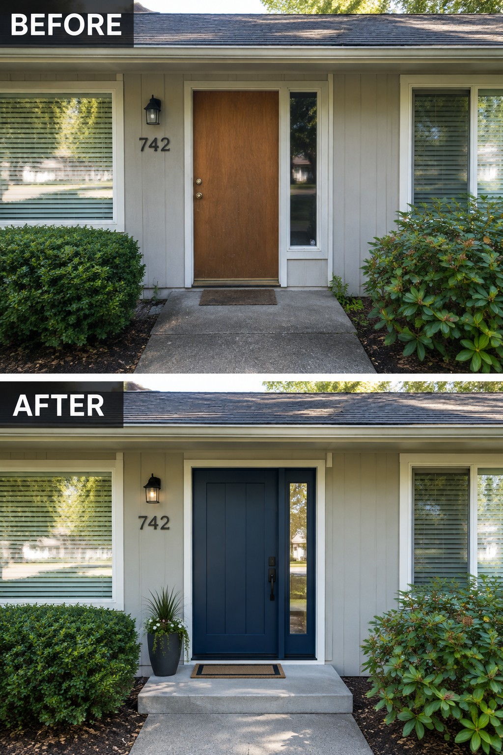 Before-and-after makeover image of a ranch home entry with a brown front door replaced by a deep blue door and matching sidelight.