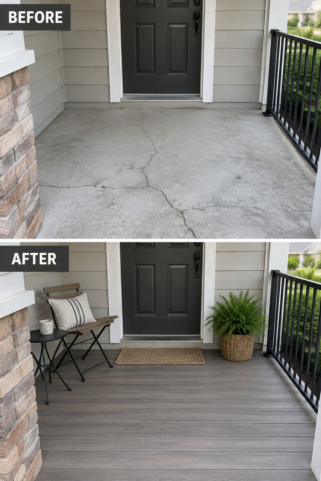Before-and-after makeover image of a cracked concrete porch changed into a seating area with dark deck tiles, a chair, a small table, and a potted fern.