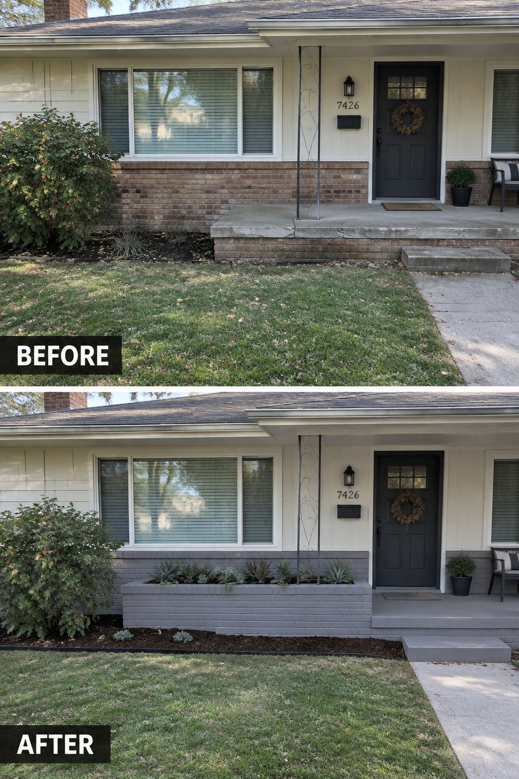 Before-and-after makeover image of a ranch house front, with an exposed brick foundation changed to a painted raised bed with plants.