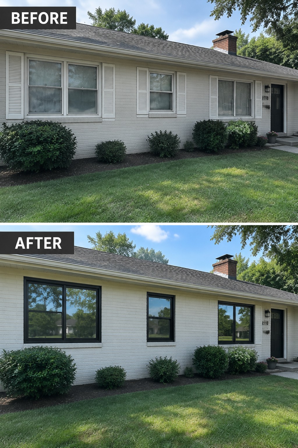 Before-and-after makeover image of a ranch house with old light-colored windows and shutters replaced by black-framed windows.