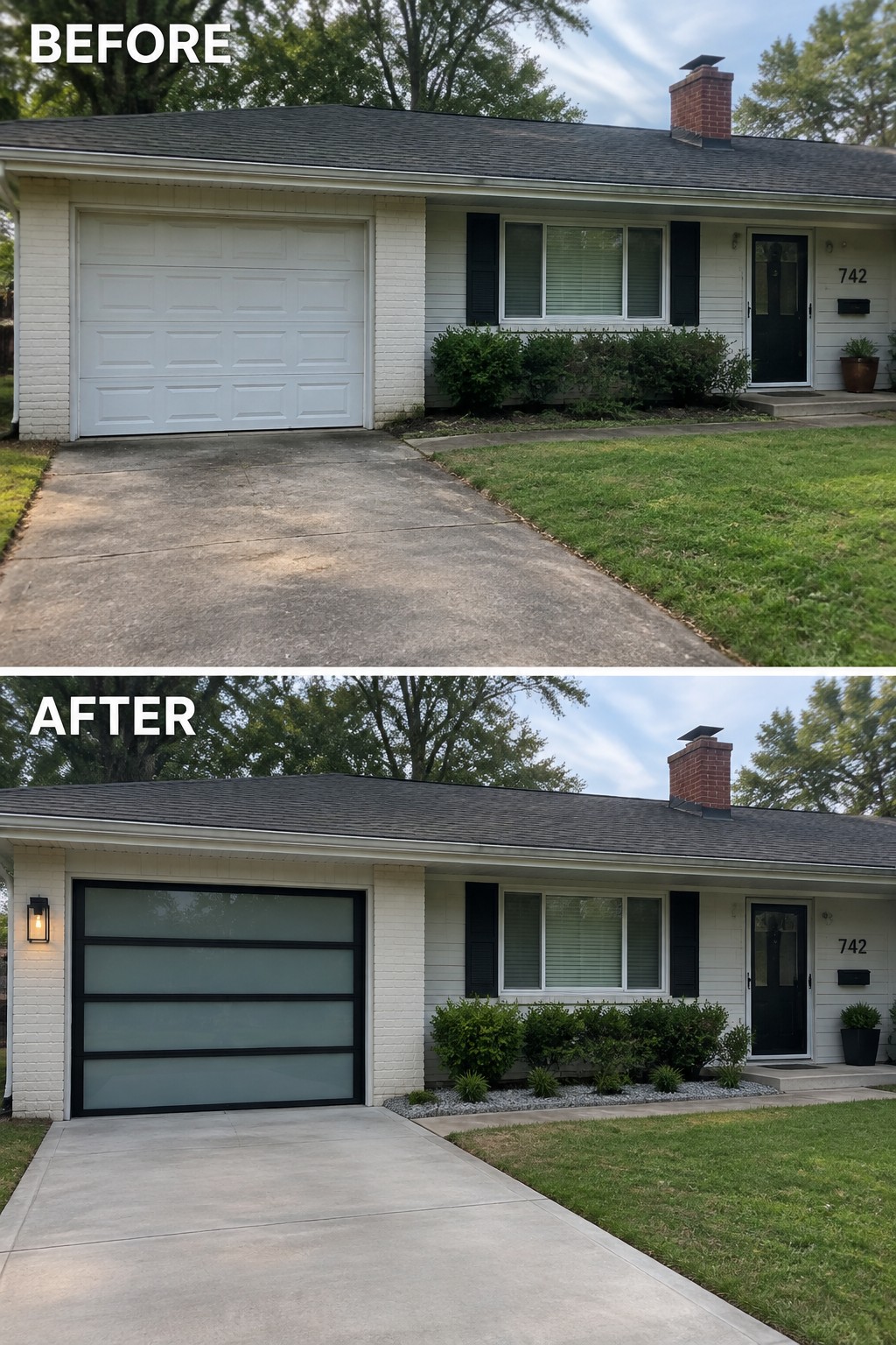 Before-and-after makeover image of a ranch house with a white paneled garage door replaced by a dark garage door with frosted glass panels.