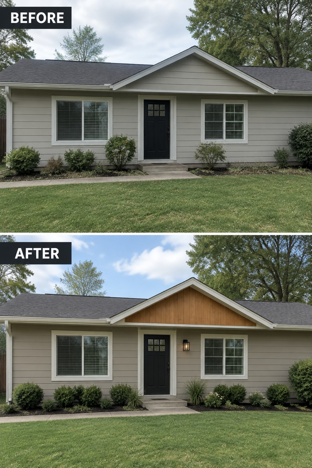 Before-and-after makeover image of a ranch house with plain gable siding updated to warm wood-look siding.