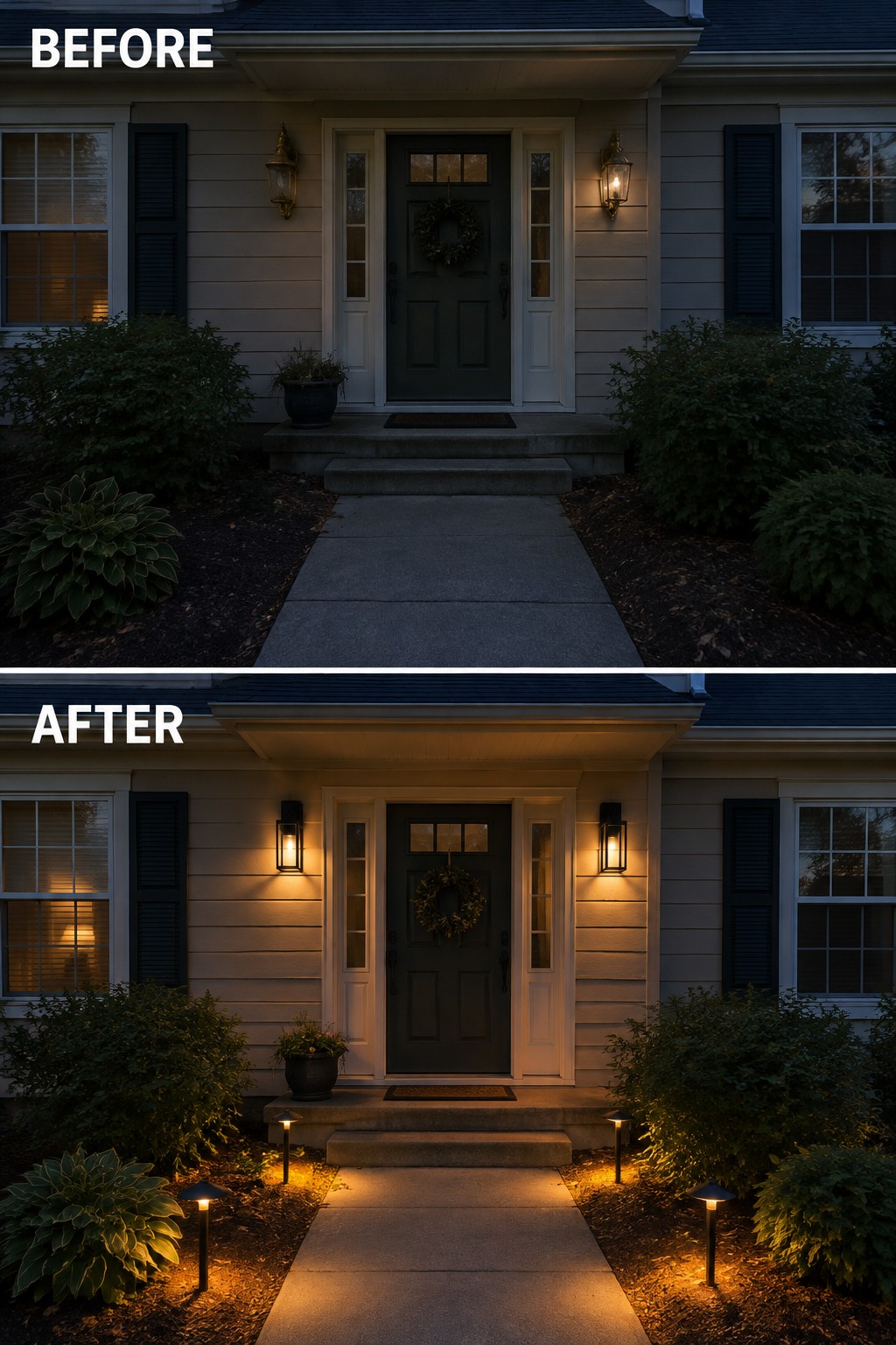 Before-and-after makeover image of a ranch house entry, updated with brighter porch lights and path lights along the walkway.