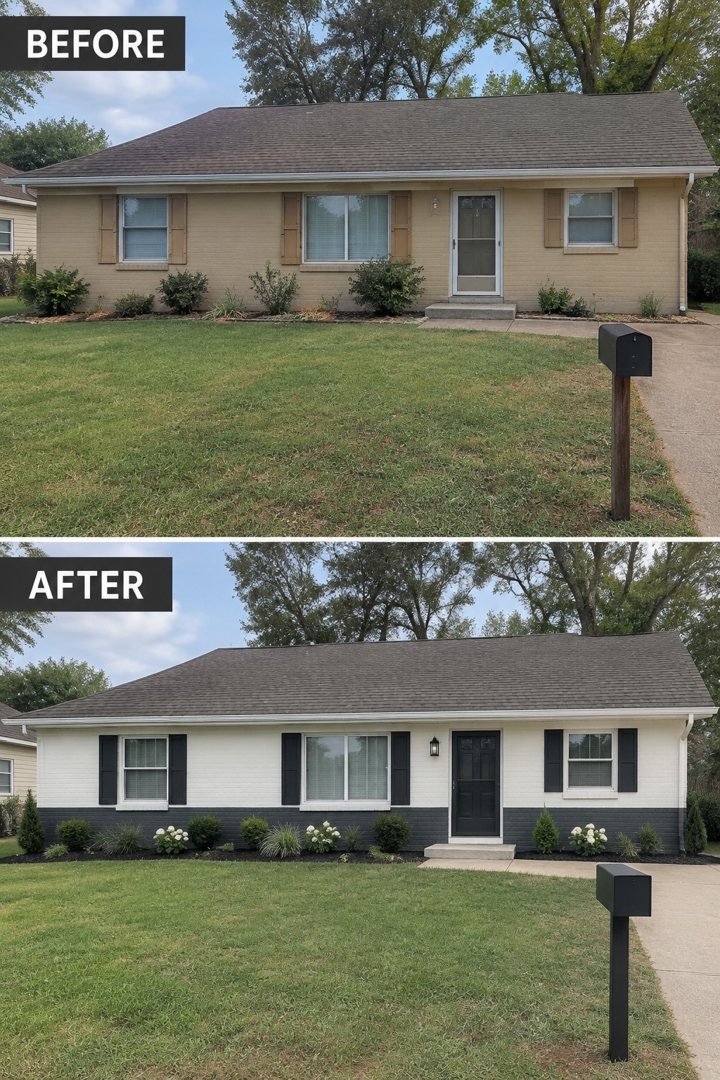 Before-and-after makeover image of a beige ranch house repainted with white upper siding, charcoal lower siding, black shutters, and a black front door.