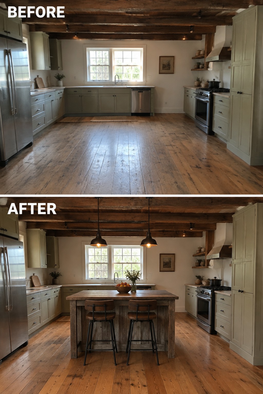 Before-and-after image of a rustic kitchen with an open floor changed to include a central wooden worktable and two stools.