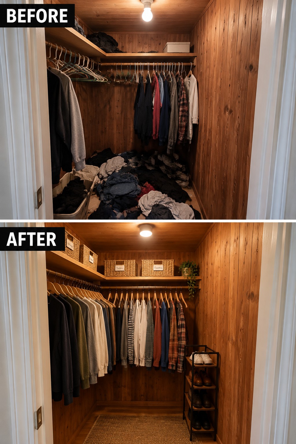 Before-and-after makeover image of a cluttered wood-paneled closet organized with baskets, neatly hung clothes, and a shoe rack.