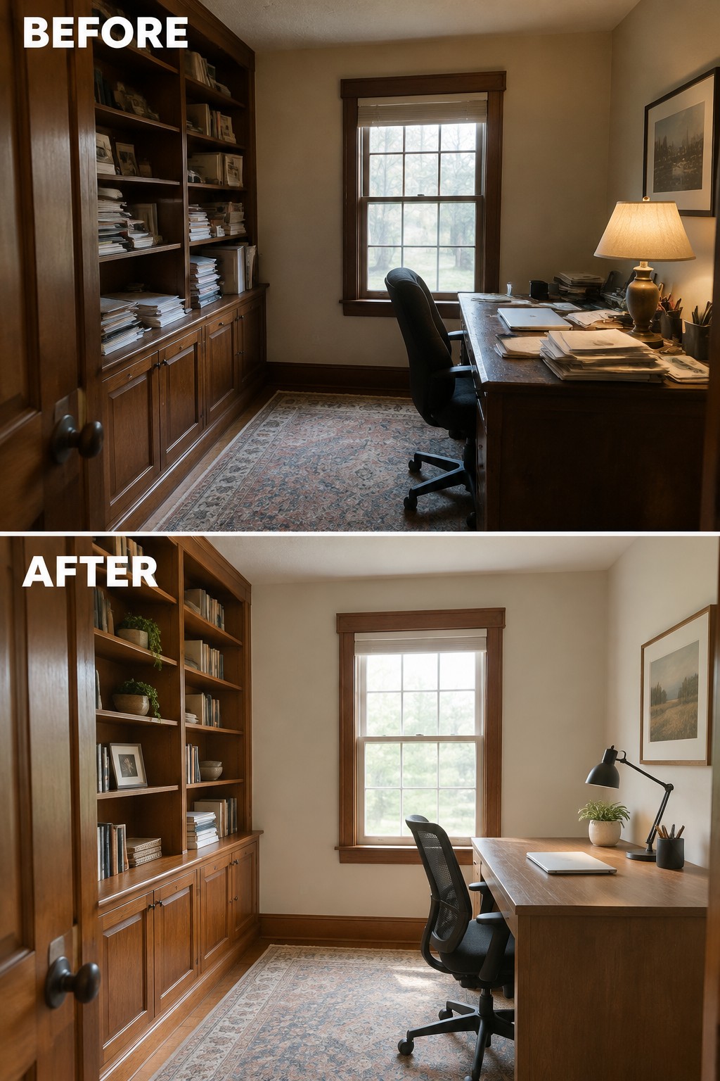 Before-and-after makeover image of a cluttered home office changed to a tidier workspace with organized built-in shelves and a clear desk.