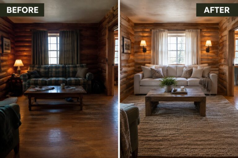 20 Rustic Cabin Remodel Before and After Ideas That Preserve Original Woodwork Before-and-after makeover image of a dark cabin living room updated with a light sofa, a large rug, and simple furnishings while retaining the wood walls.