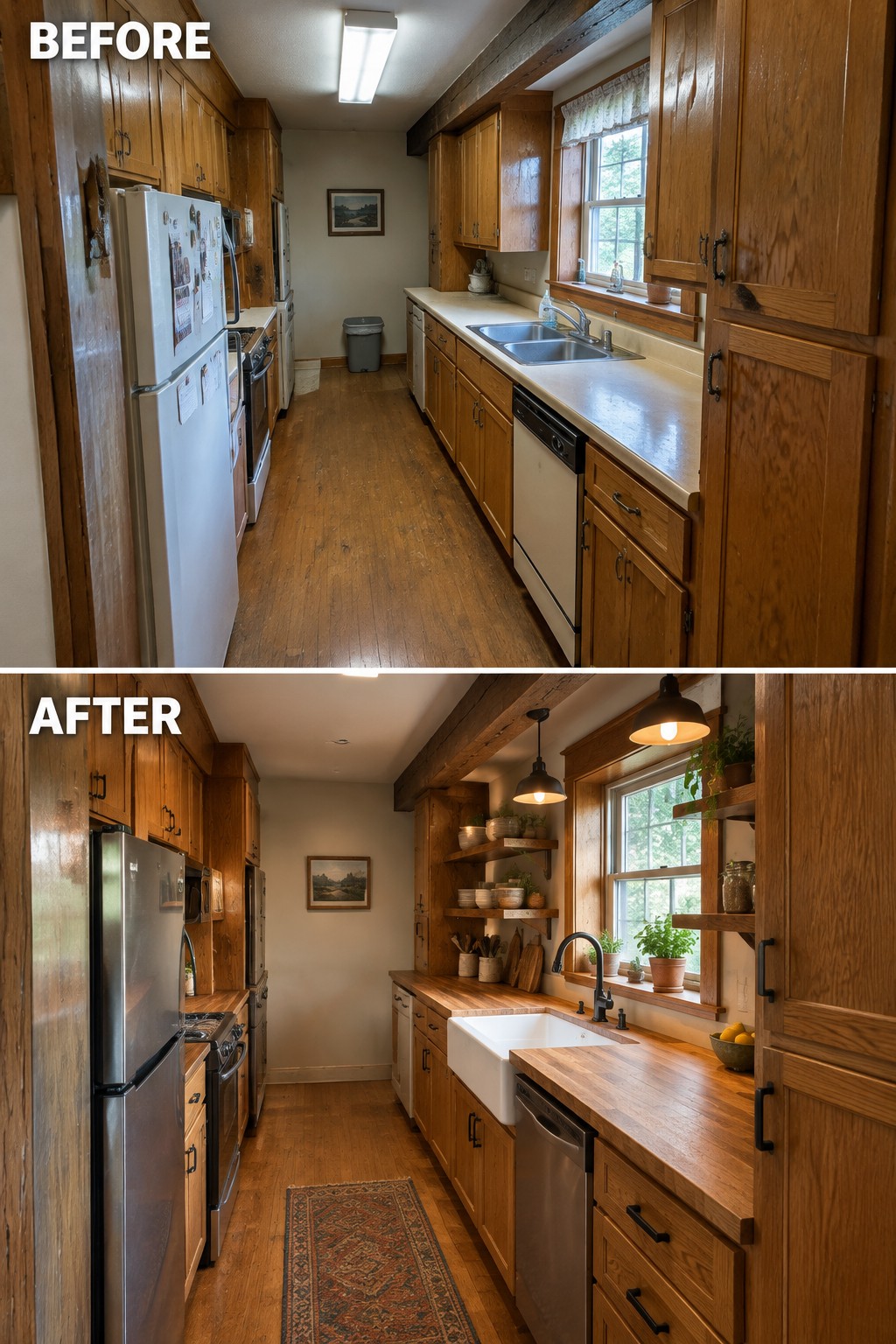 Before-and-after image of a narrow wood-cabinet kitchen updated with butcher-block counters, a farmhouse sink, open shelves, and stainless steel appliances.