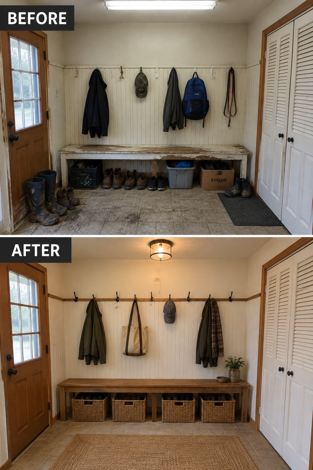 Before-and-after makeover image of a cluttered cabin entry updated with a wooden bench, wall hooks, storage baskets, and a rug.