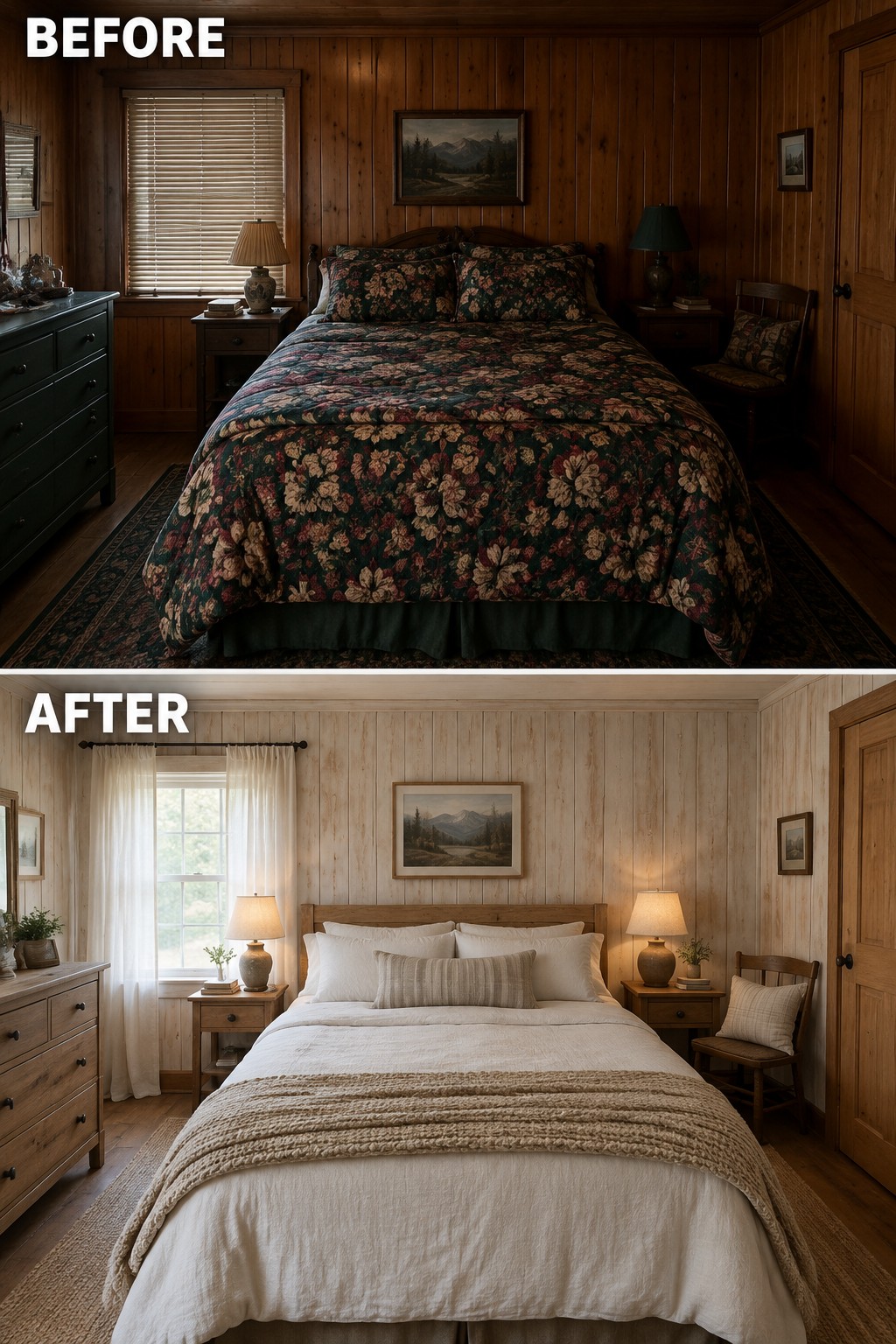 Before-and-after makeover image of a dark wood-paneled bedroom updated with lighter walls, white bedding, and a brighter window treatment.