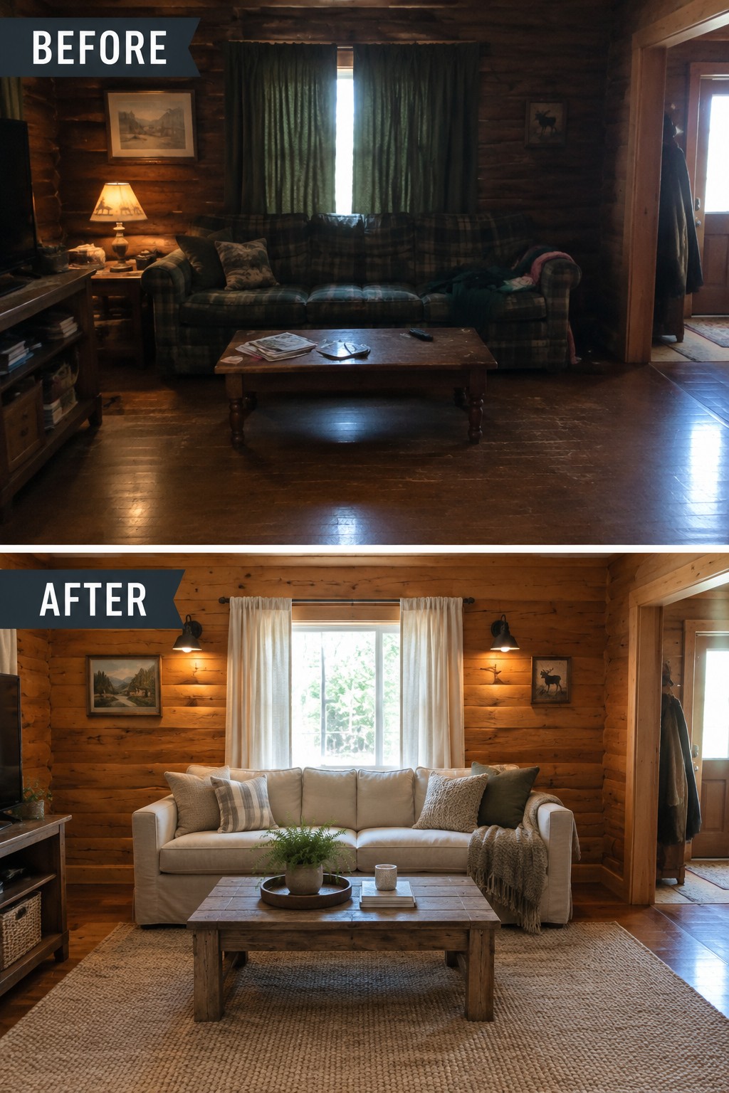 Before-and-after makeover image of a dark cabin living room updated with a light sofa, a large rug, and simple furnishings while retaining the wood walls.