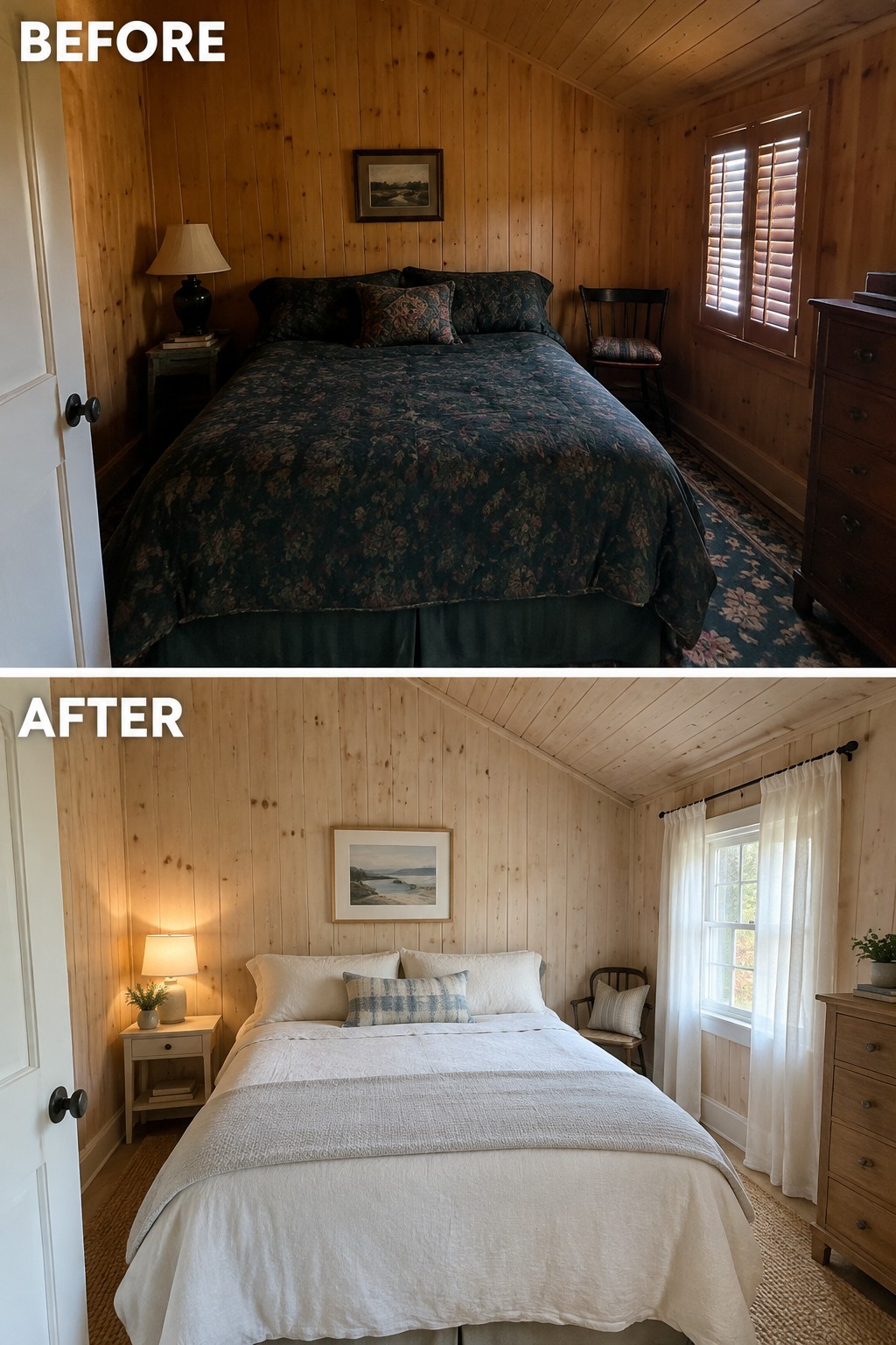 Before-and-after makeover image of a wood-paneled bedroom changed from dark patterned bedding to light bedding and sheer curtains.