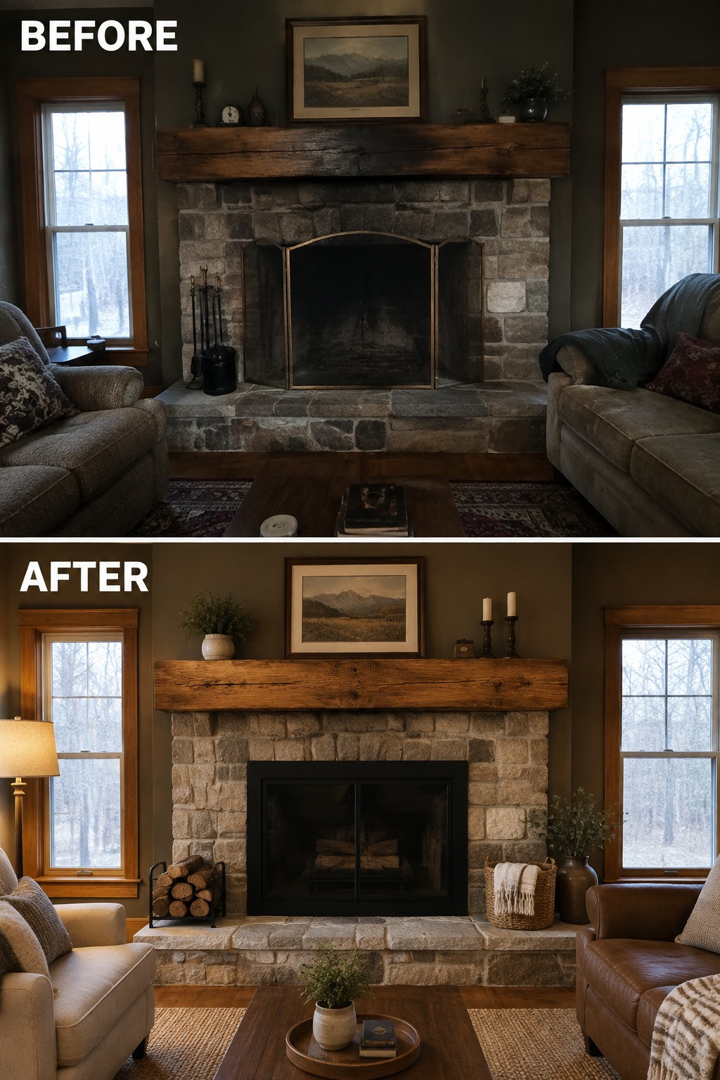 Before-and-after makeover image of a cabin living room with a stone fireplace updated with a black insert and simpler mantel styling.