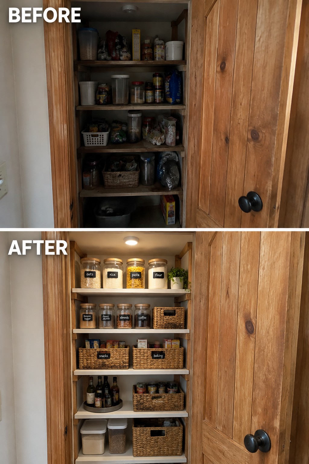 Before-and-after makeover image of a cluttered wooden pantry reorganized with labeled jars and woven baskets.