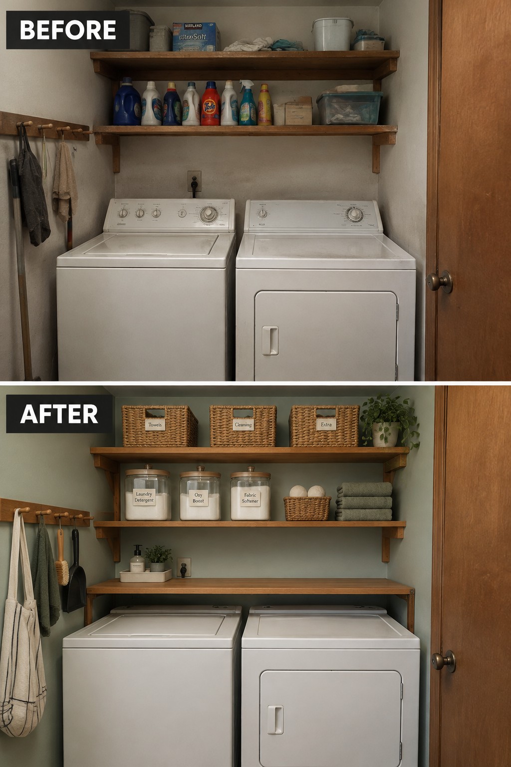 Before-and-after makeover image of a cluttered laundry room organized with labeled baskets, storage jars, and neatly arranged supplies on open shelves.