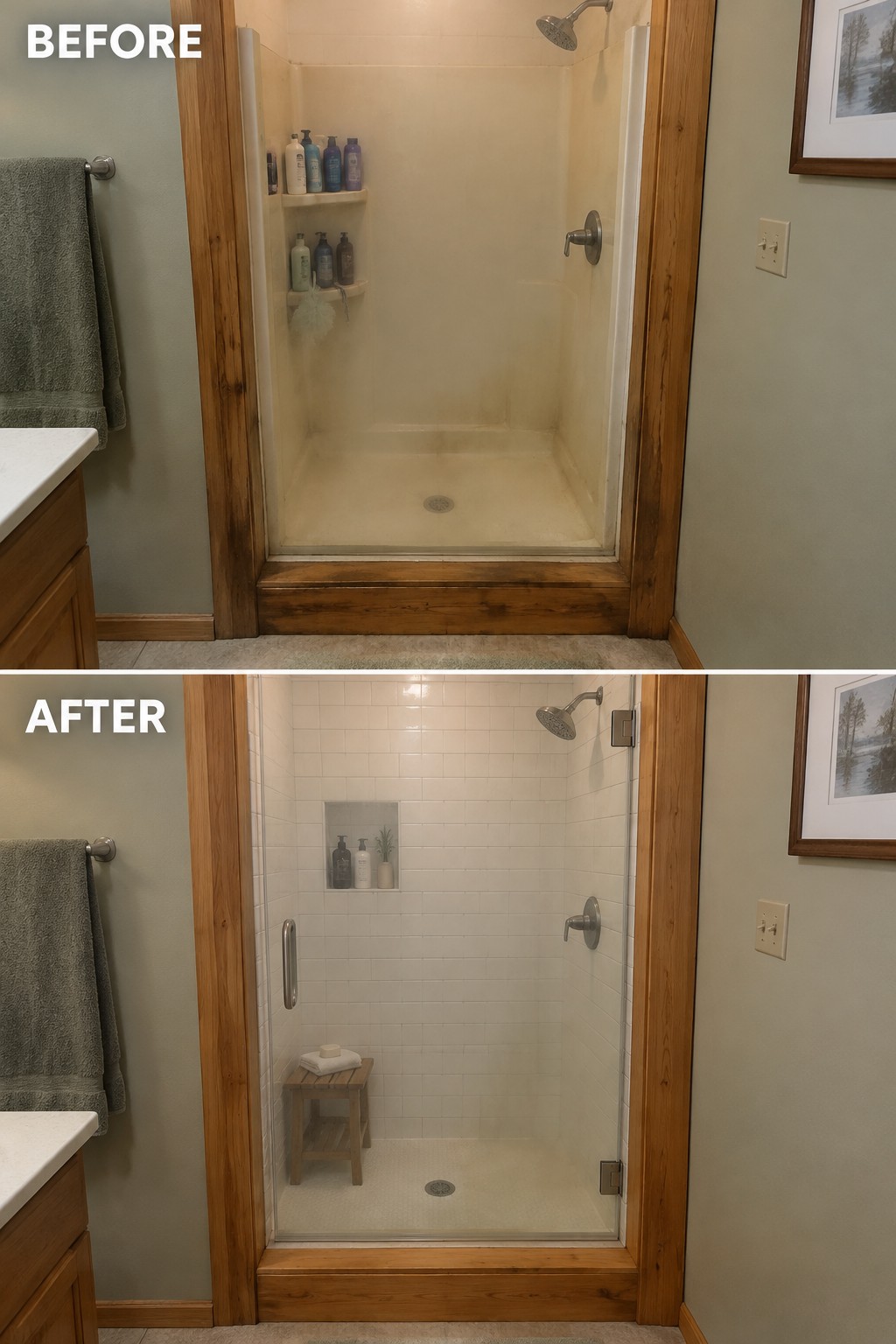 Before-and-after makeover image of a shower changed from a stained surround to a white tiled enclosure with a clear glass door.