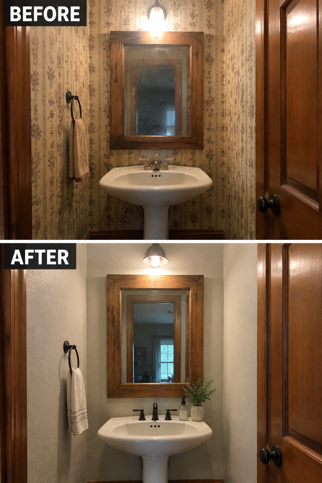 Before-and-after bathroom makeover image showing floral wallpaper replaced with plain light walls while the wood mirror frame and trim remain.