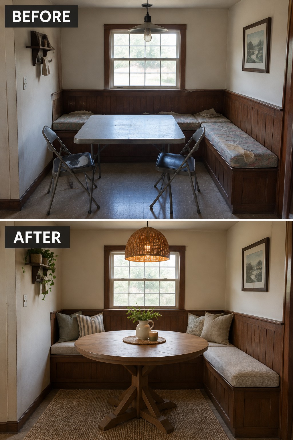 Before-and-after makeover image of a worn dining nook with built-in benches and folding furniture updated with seat cushions, a round wood table, and a woven rug.