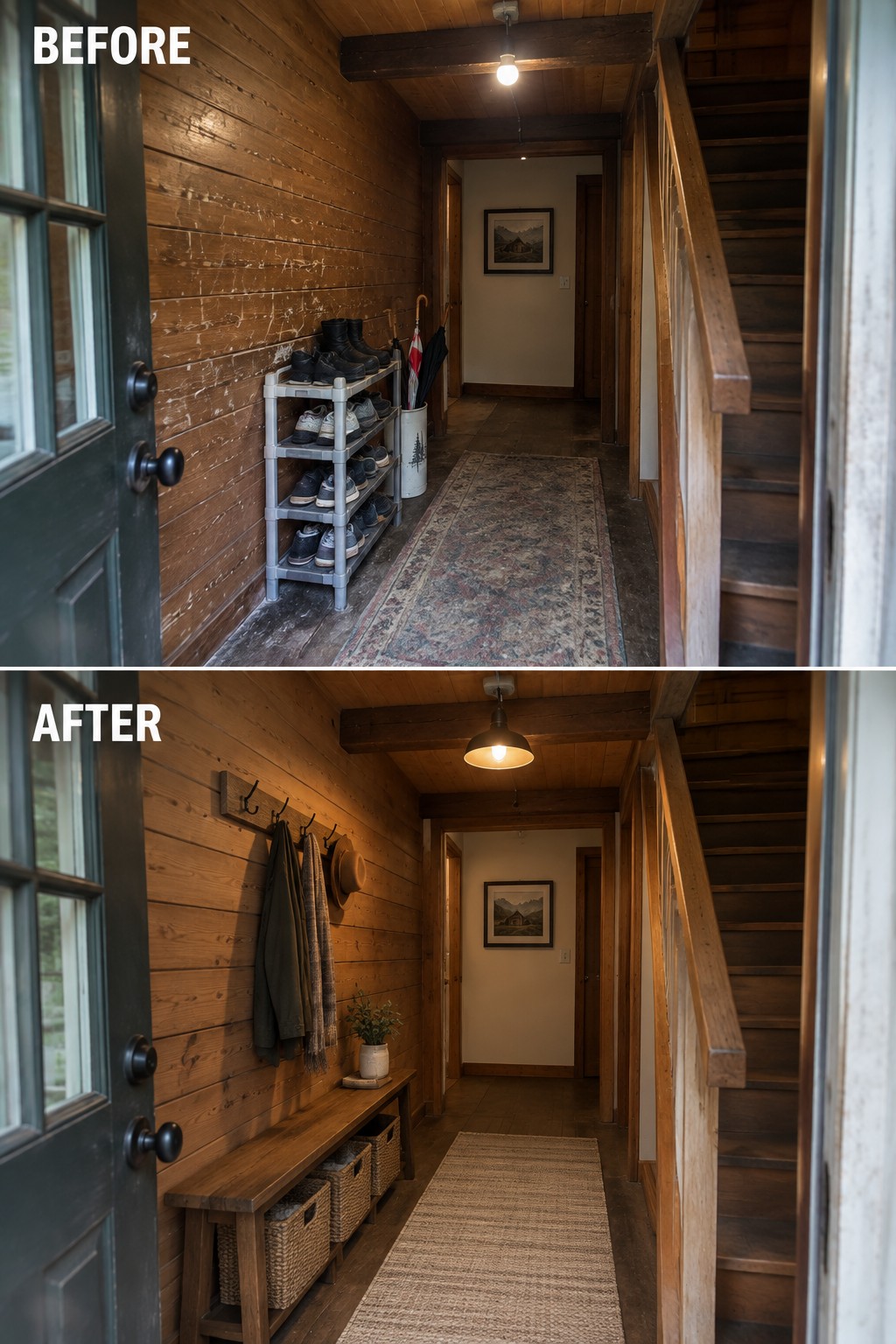 Before-and-after image of a cabin entry changed from a cluttered shoe rack to a wooden bench with storage baskets and wall hooks.