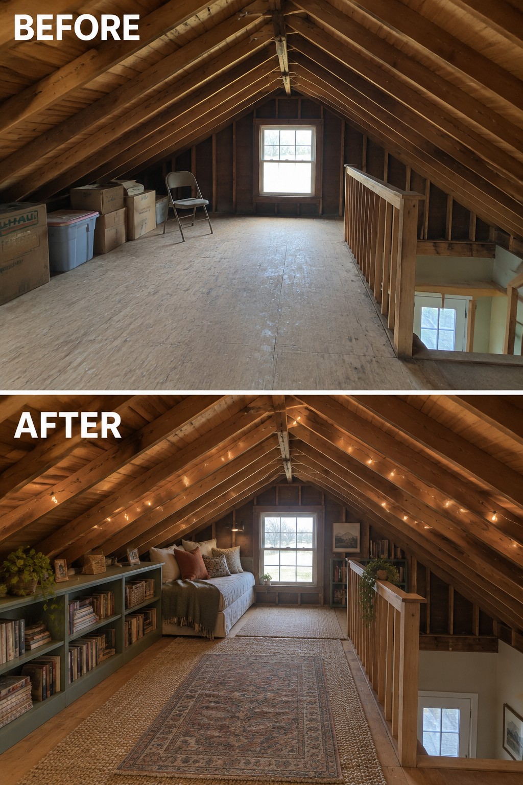 Before-and-after image of an unfinished attic with exposed wood framing changed into a reading nook with a daybed, bookshelves, and a rug.