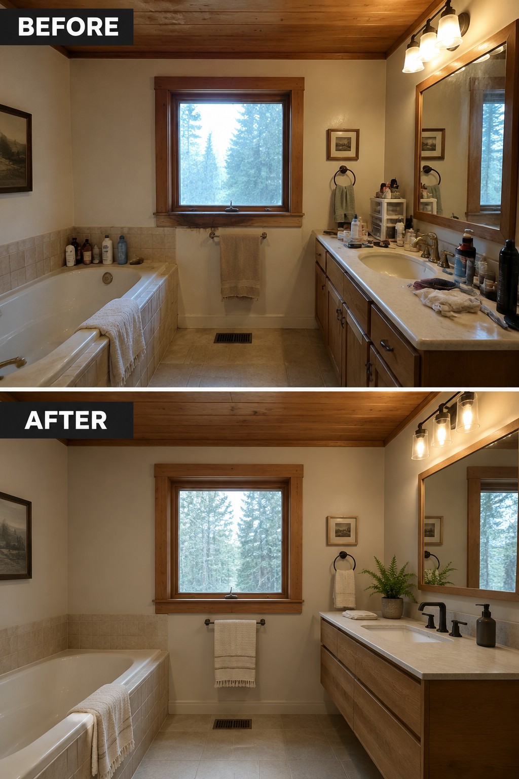 Before-and-after makeover image of a cabin bathroom, with a cluttered vanity simplified and the original wood cabinetry and trim retained.