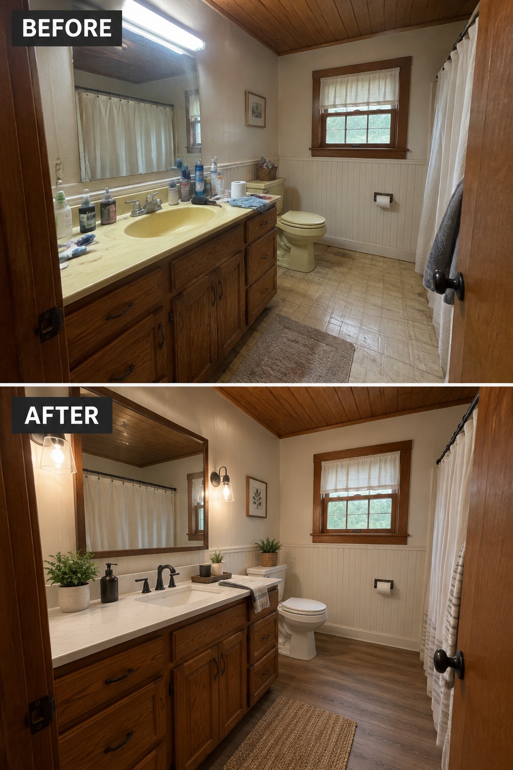 Before-and-after image of a cabin bathroom updated with a light countertop, new sink and faucet, wall lights, and darker flooring while retaining the wood vanity.