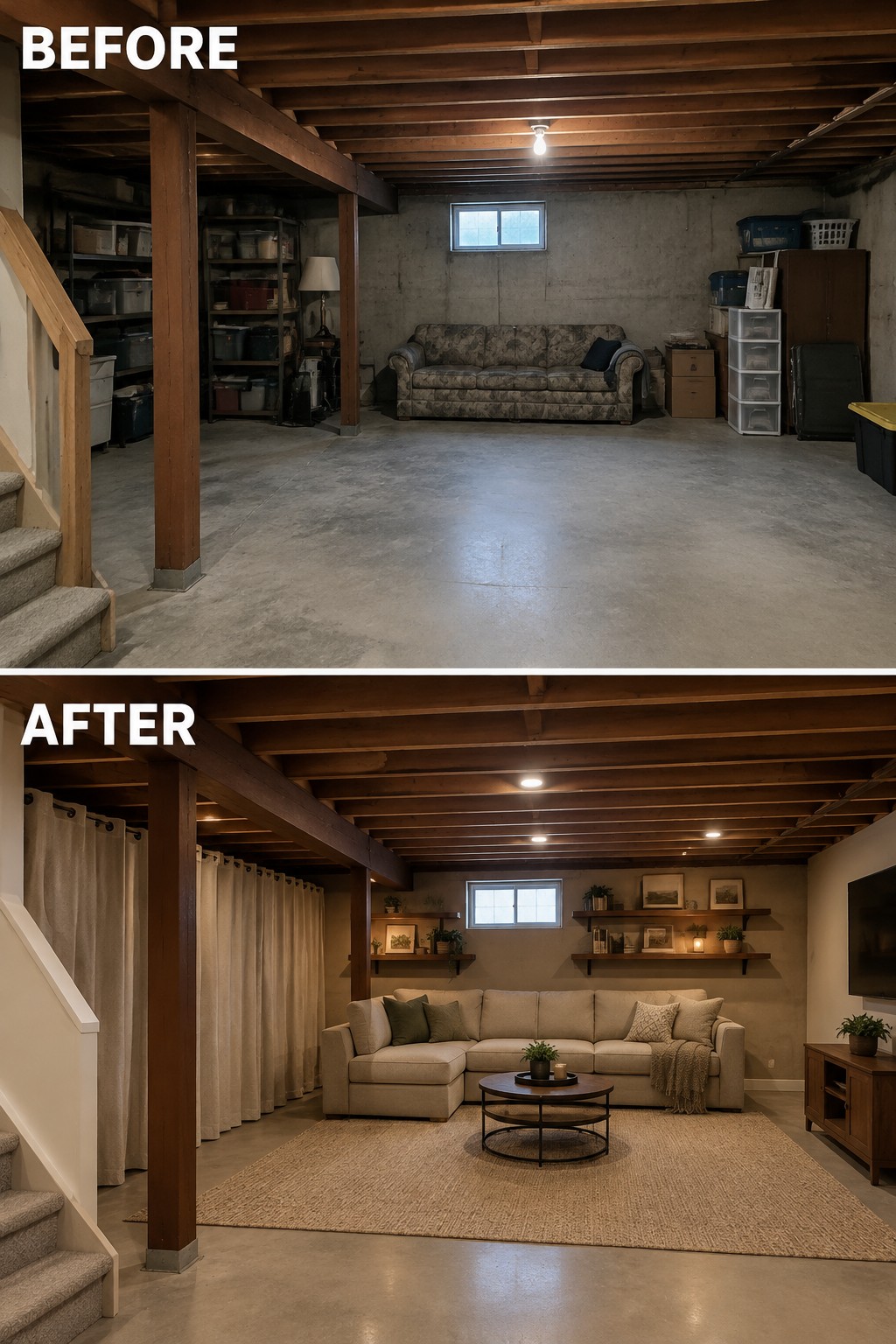 Before-and-after image of a basement storage area changed into a living room with a sofa, coffee table, and large area rug.