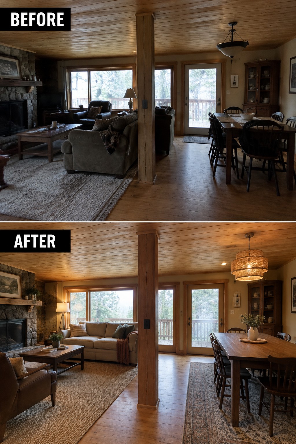 Before-and-after makeover image of an open cabin living and dining room, updated with separate rugs, refreshed furniture, and new lighting while retaining the woodwork.
