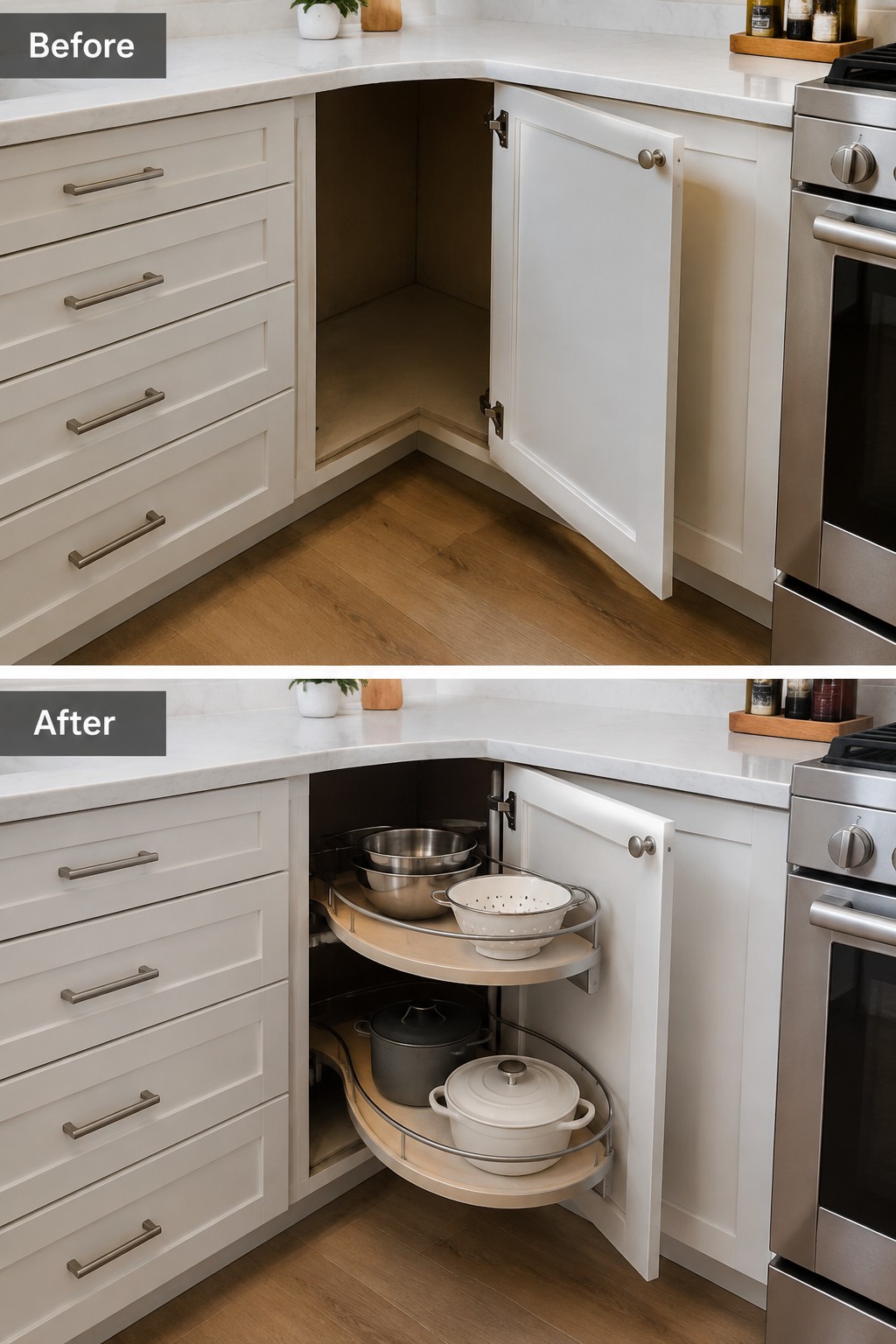 Before-and-after makeover image of an empty corner kitchen cabinet fitted with two rotating shelves holding pots and bowls.