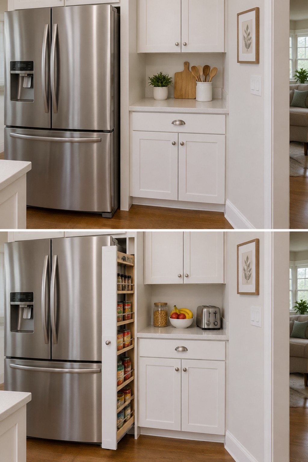 Before-and-after makeover image of a kitchen nook beside a refrigerator, changed from a counter with small accessories to a pull-out pantry stocked with food and a counter with a toaster and fruit bowl.