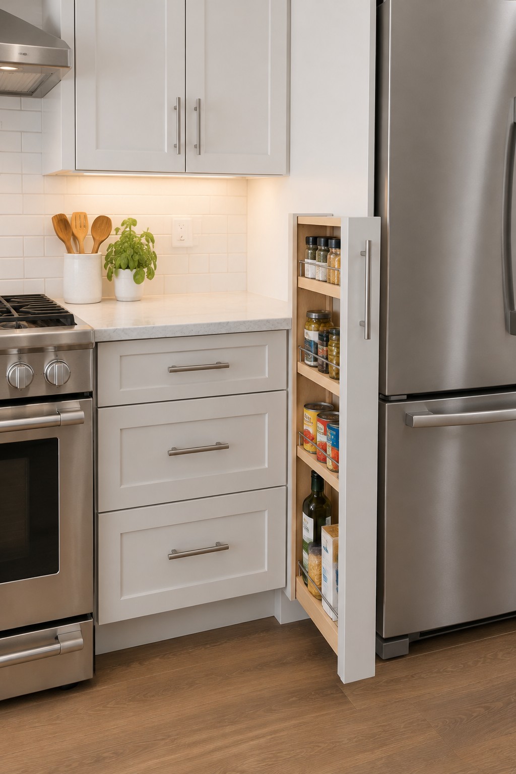 Before-and-after makeover image of a kitchen updated with a narrow pull-out pantry beside the refrigerator.